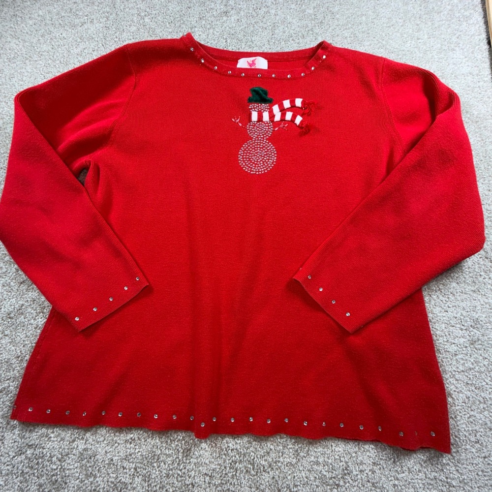 Quacker Factory Red Snowman Rhinestone Holiday Sweater Women 1X Christmas Top‎